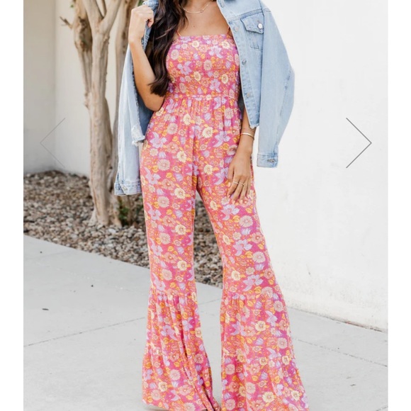 Pink Lily Pants - Pink Lily Mauve floral jumpsuit size M